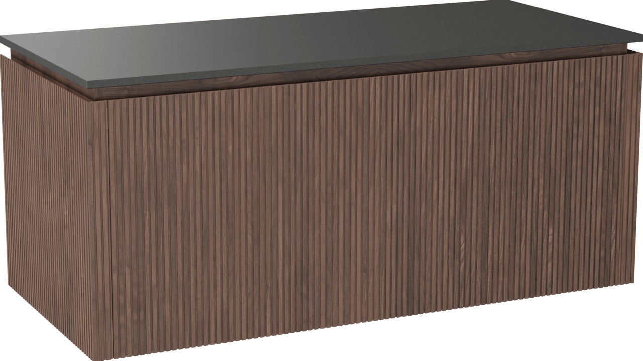 Balmani Eclips meuble salle de bains suspendu 120 x 55 cm Noyer américain avec Stretto tablette simple en Granit noir, Nervure droite symétrique verticale
