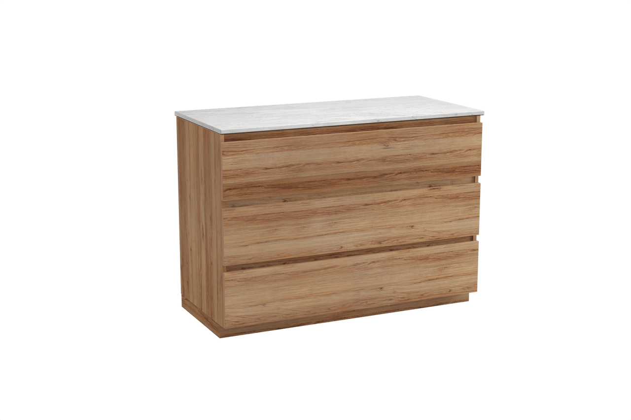 Balmani Lucida freistehendes Möbelstück Set: 120 x 55 cm, Teak, mit Stretto Einzel- oder Doppel Waschtischplatte, Marmor Carrara