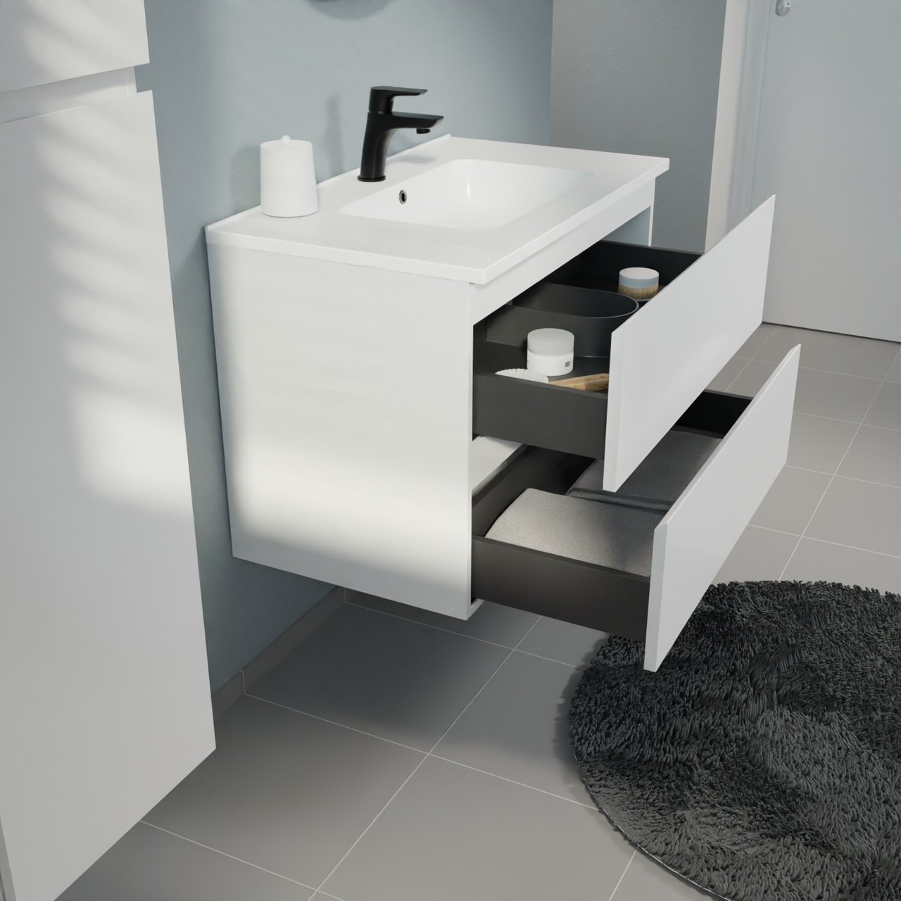 Linie Lado meuble salle de bains suspendu 80 x 46 cm blanc mat avec Vano plan simple en marbre composite blanc mat