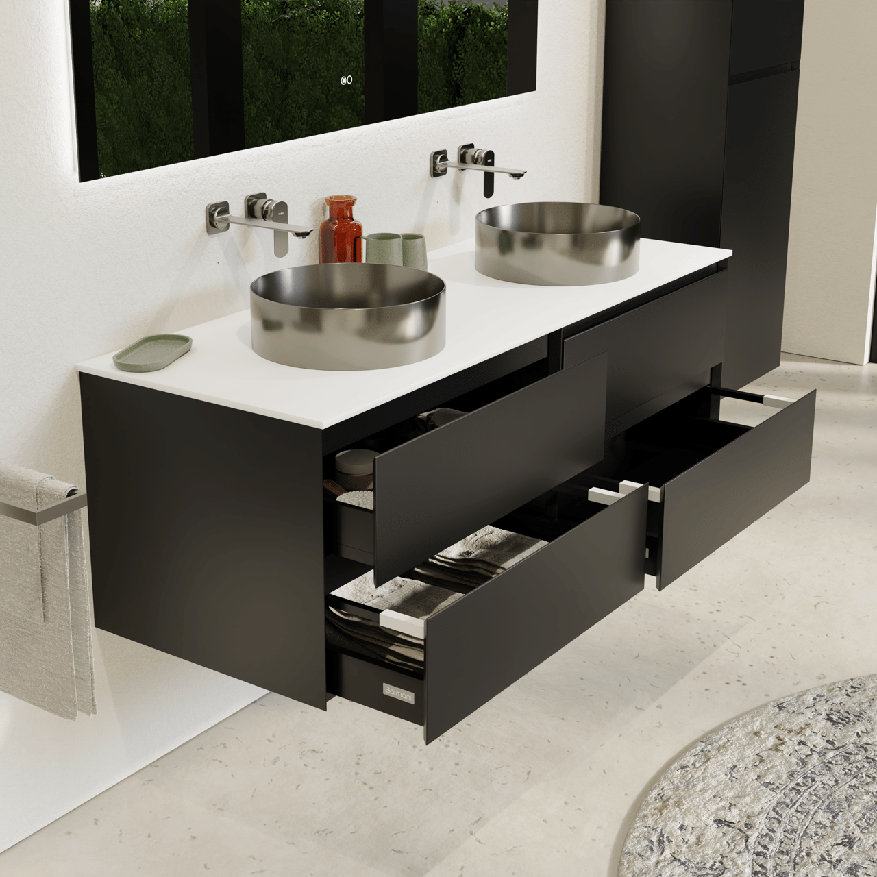 Balmani Mitra zwevend badmeubel 150 x 55 cm mat zwart met Stretto enkel of dubbel wastafelblad in solid surface mat wit