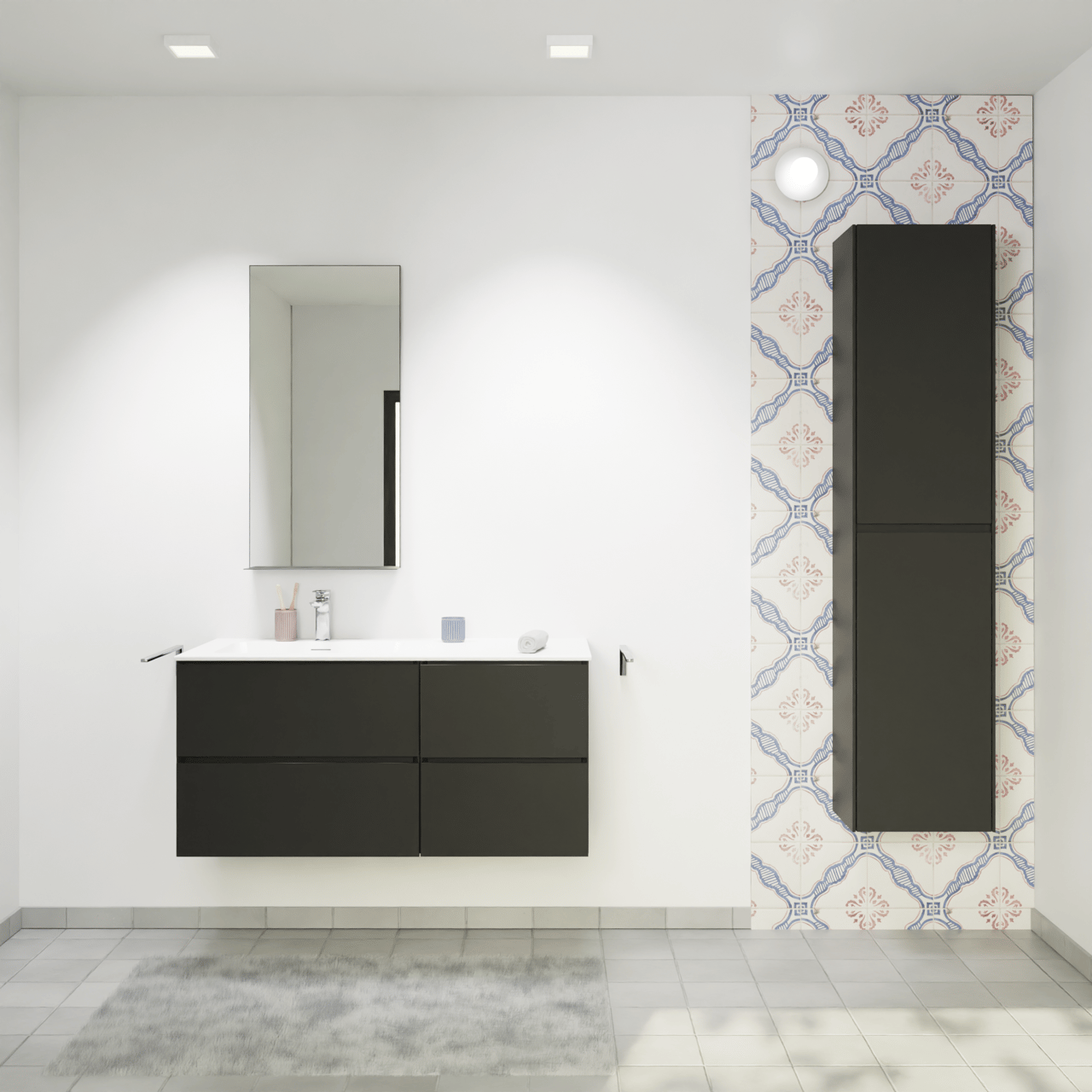 Storke Edge meuble salle de bains suspendu 110 x 52 cm noir mat avec Mata vasque asymétrique gauche en solid surface blanc mat