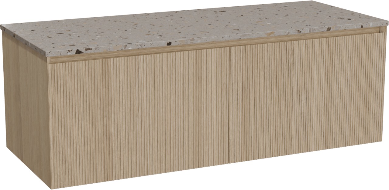 Balmani Fila meuble salle de bains suspendu 135 x 55 cm chêne naturel avec Stretto tablette simple ou double en terrazzo greige terrazzo, Nervure droite symétrique verticale