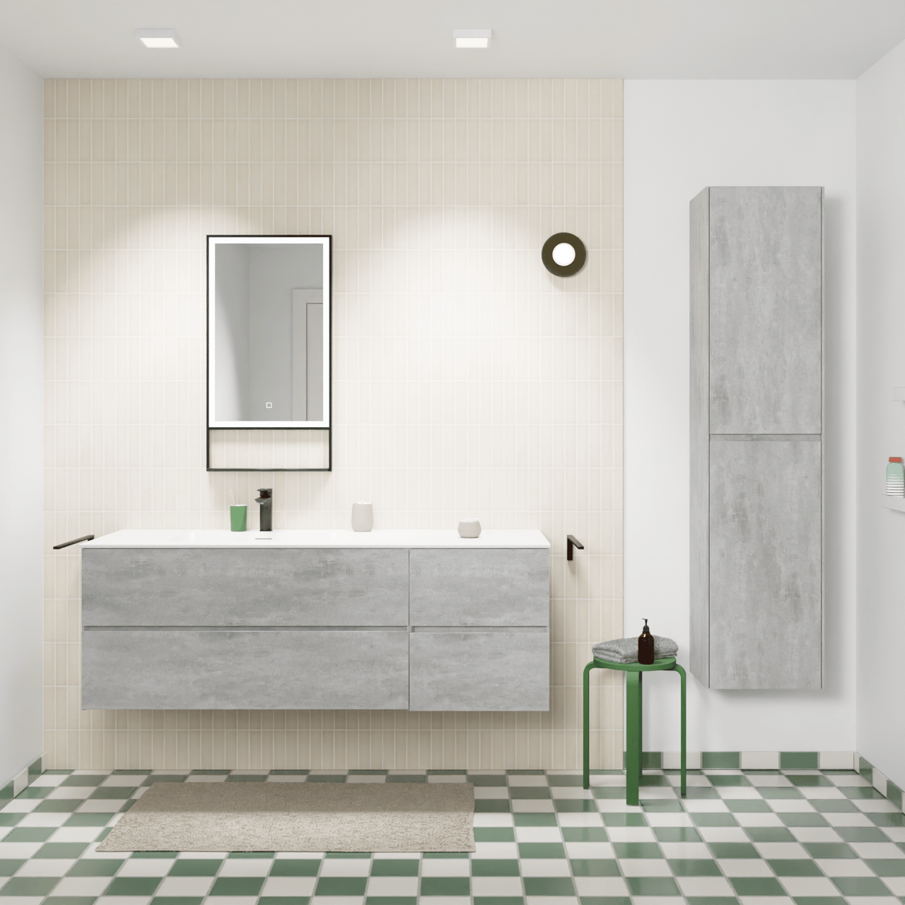 Storke Edge zwevend badmeubel 150 x 52 cm beton donkergrijs met Mata asymmetrisch linkse wastafel in solid surface mat wit