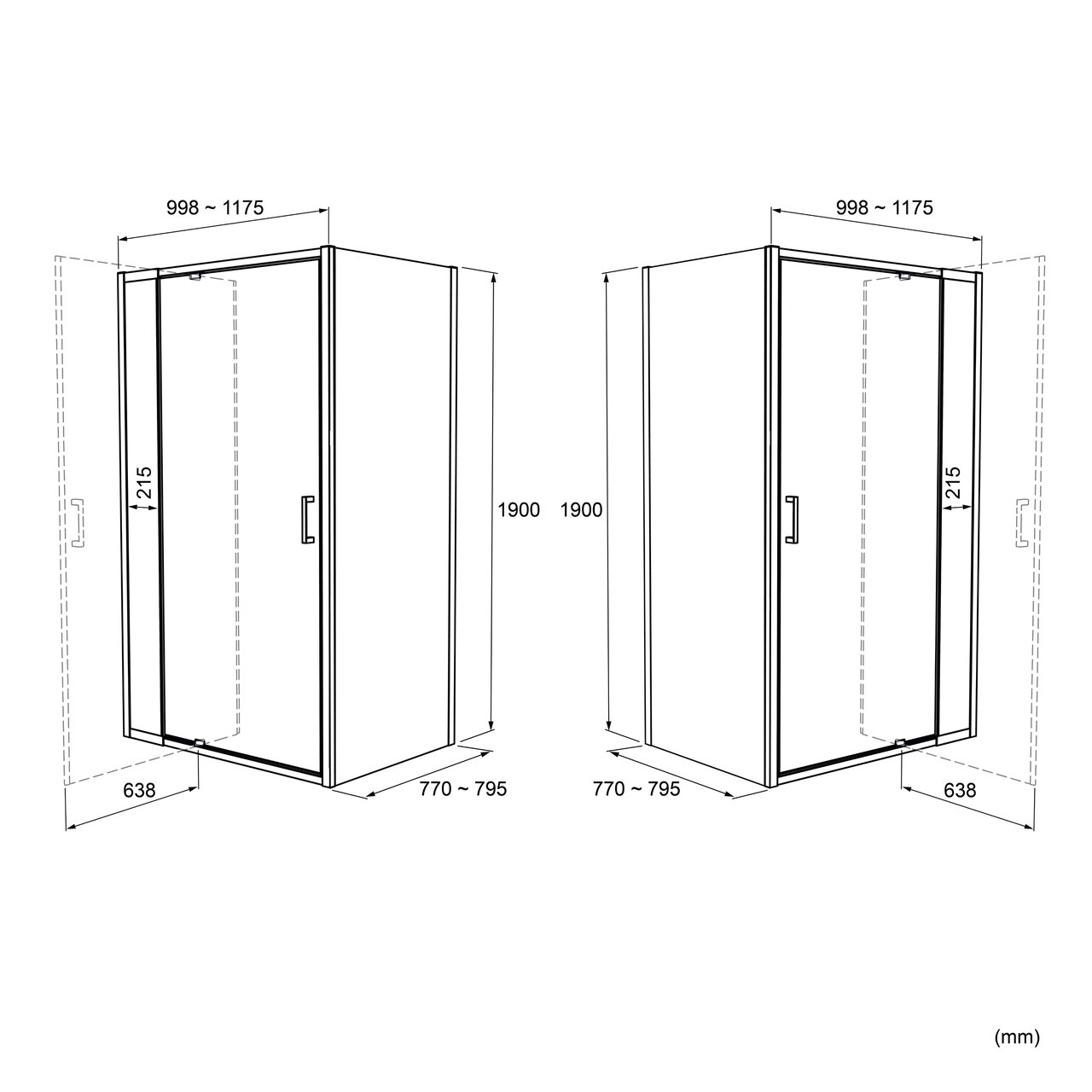 Luca Varess Vidor Telescope paroi d'angle avec porte pivotante et paroi latérale fixe 120 x 80 cm verre transparent profil chrome brillant