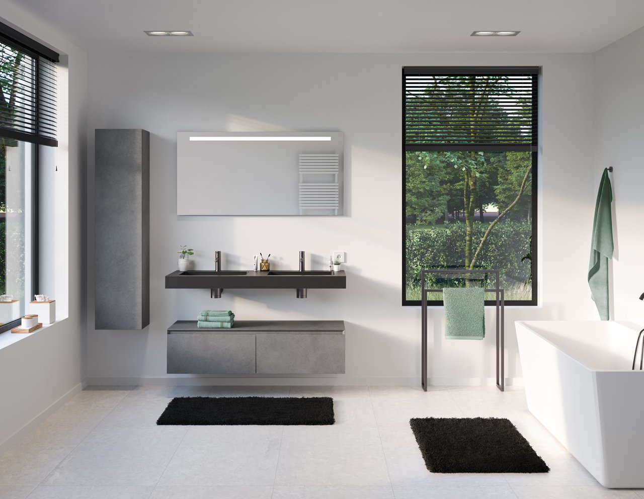 Storke Edge Modulo hängender Waschbeckenunterschrank: 130 x 48 cm, Beton dunkelgrau, 2 Schubladen