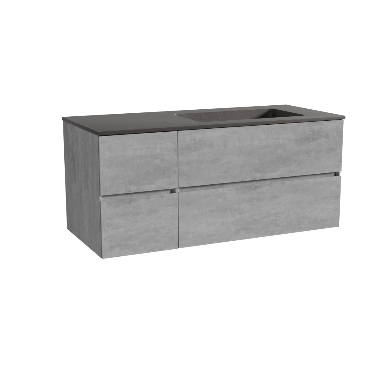 Storke Edge meuble salle de bains suspendu 120 x 52 cm béton gris foncé avec Scuro plan vasque asymétrique à droite en quartz noir mat