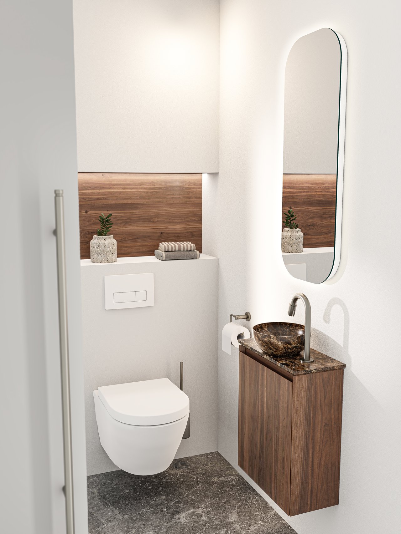 Balmani Mitra meuble wc suspendu 42 x 21 cm empereur noir avec Facetta tablette et Bari XS vaque à poser en marbre Dark Emperador