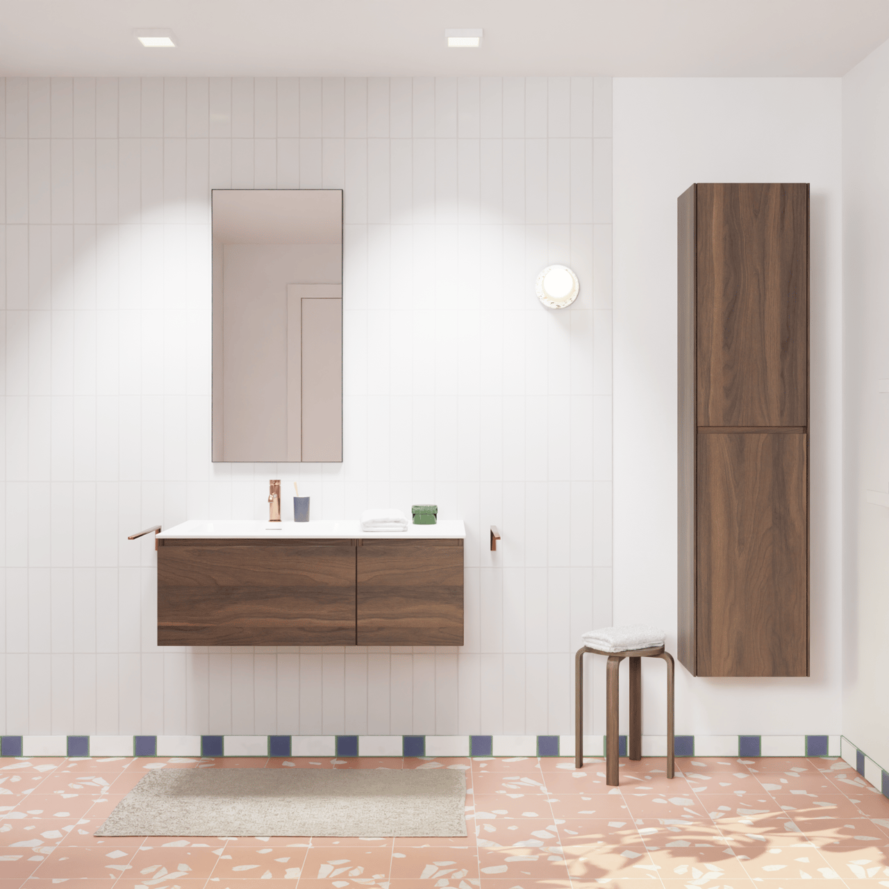 Storke Edge hängendes Möbelstück Set: 100 x 52 cm, Nussbaum, mit Mata Waschtisch links, Solid Surface Weiß matt