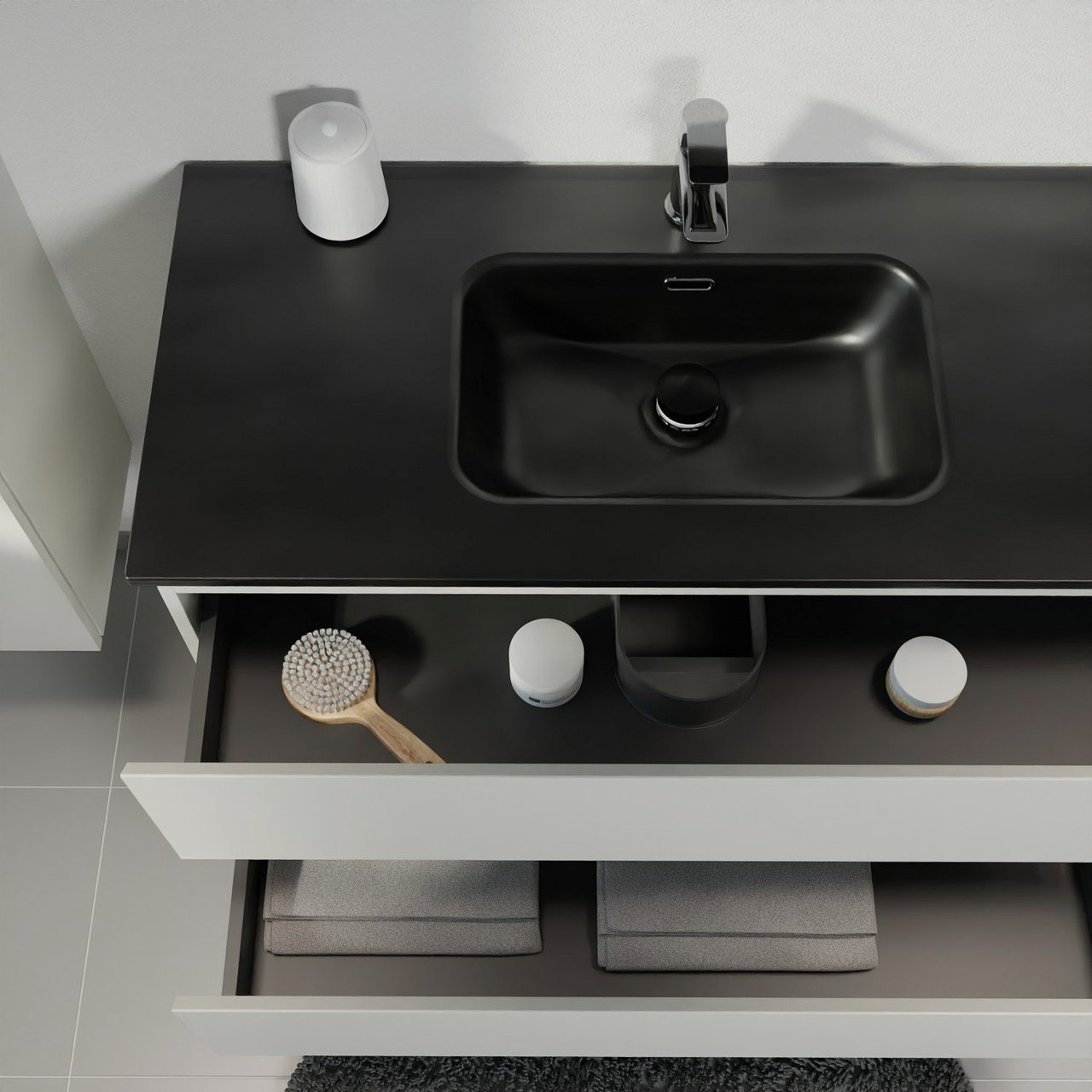 Linie Lado meuble salle de bains suspendu 120 x 46 cm greige avec Baro double vasque en porcelaine noir mat