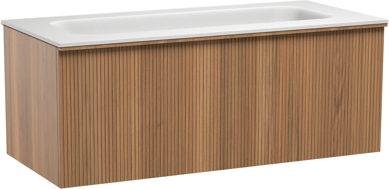 Balmani Forma zwevend badmeubel 120 x 55 cm teakhout met Tablo Arcato enkele wastafel voor 2 kraangaten in solid surface mat wit, Verticale symmetrische rechte ribbel