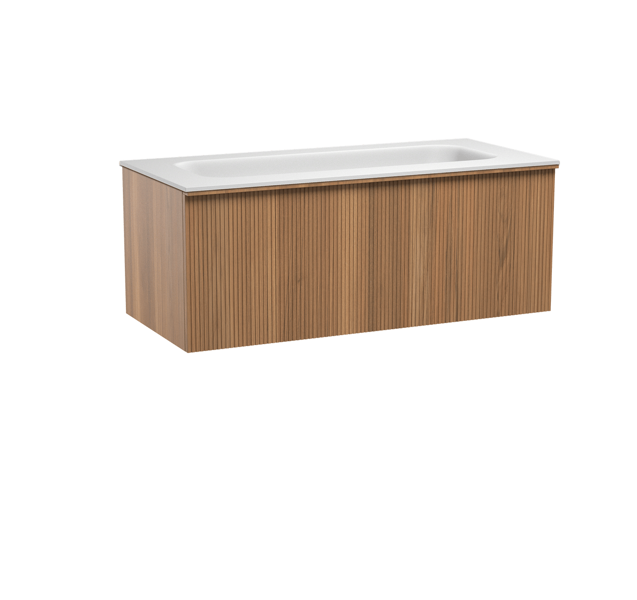 Balmani Forma zwevend badkamermeubel 120 x 55 cm teak met Tablo Arcato enkele wastafel voor 2 kraangaten in solid surface mat wit, Verticale symmetrische rechte ribbel