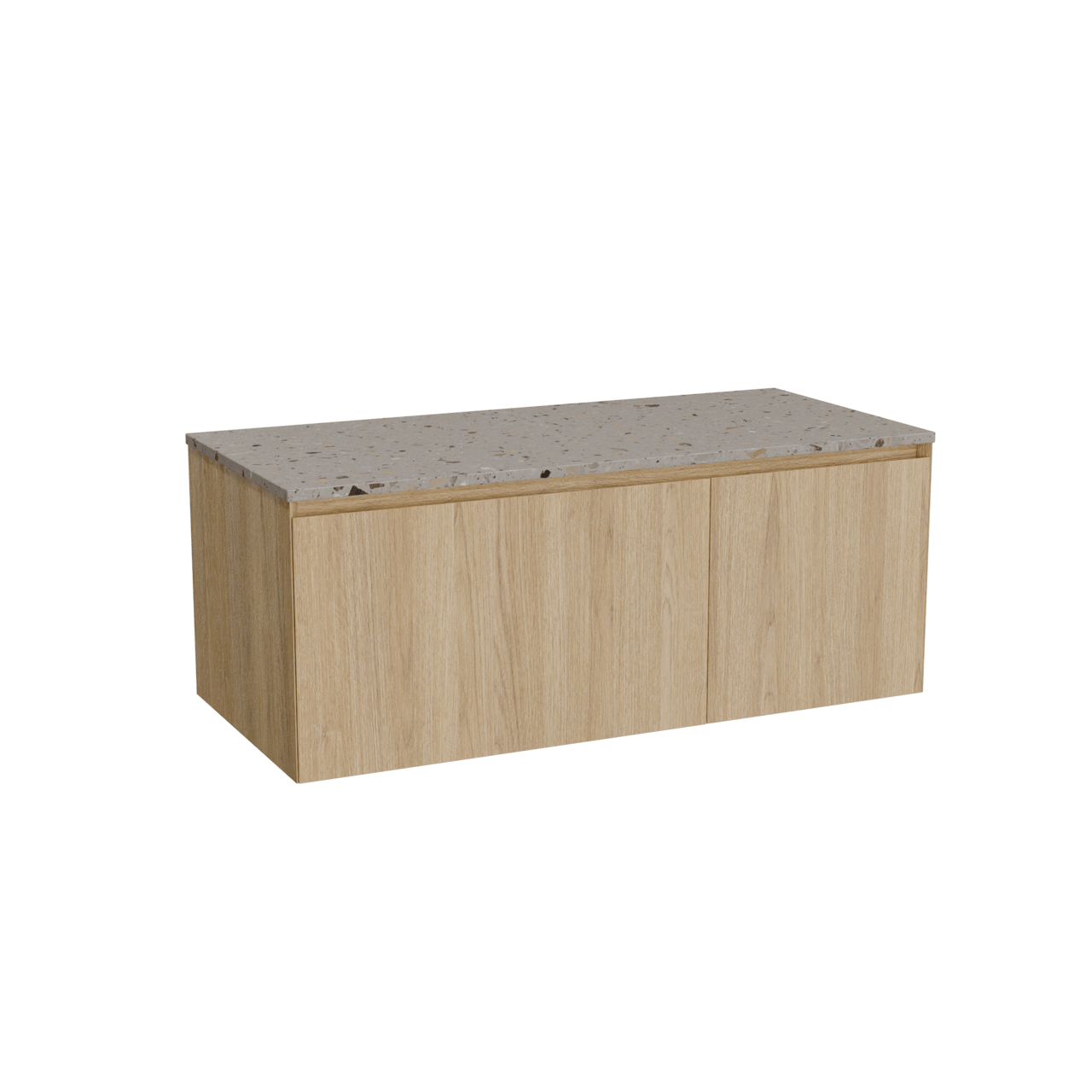 Balmani Idra zwevend badkamermeubel 120 x 55 cm natuur eik met Stretto enkel of dubbel tablet in terrazzo greige terrazzo