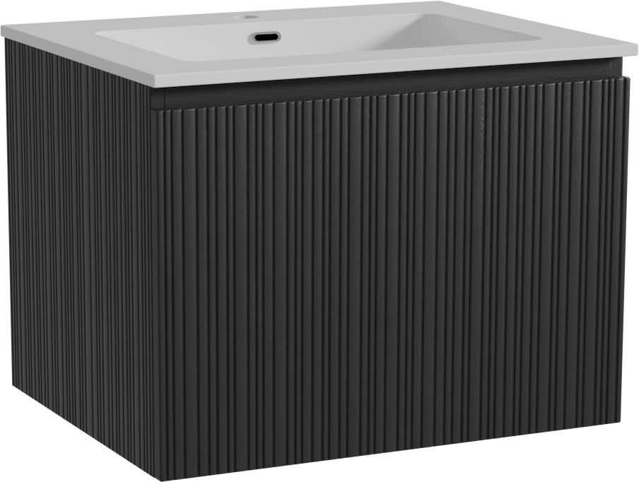 Storke Ribs hängendes Möbelstück Set: 65 x 52 cm, Schwarze Eiche, mit Diva Einzelwaschtisch, Marmorkomposit, Weiß glänzend, Vertikale asymmetrische gerade Rippe