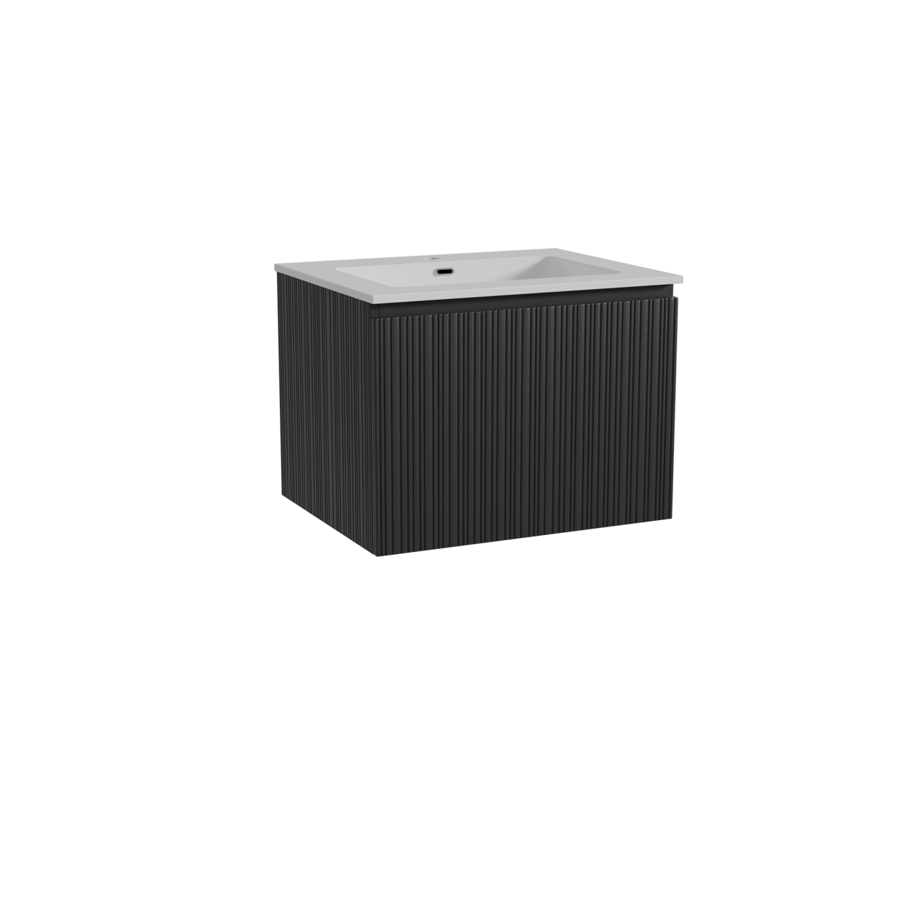 Storke Ribs hängendes Möbelstück Set: 65 x 52 cm, Schwarze Eiche, mit Diva Einzelwaschtisch, Marmorkomposit, Weiß glänzend, Vertikale asymmetrische gerade Rippe