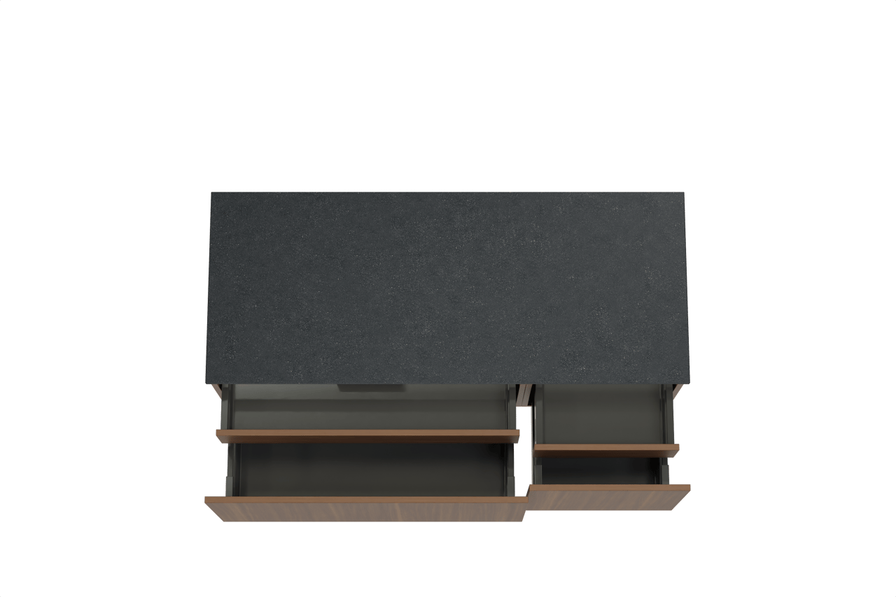 Balmani Sfera zwevend badkamermeubel 135 x 55 cm amerikaanse notelaar met Stretto enkel of dubbel tablet in graniet zwart