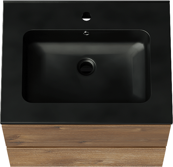 Linie Lado zwevend badmeubel 60 x 46 cm bruin eiken met Vano enkele wastafel in composietmarmer mat zwart