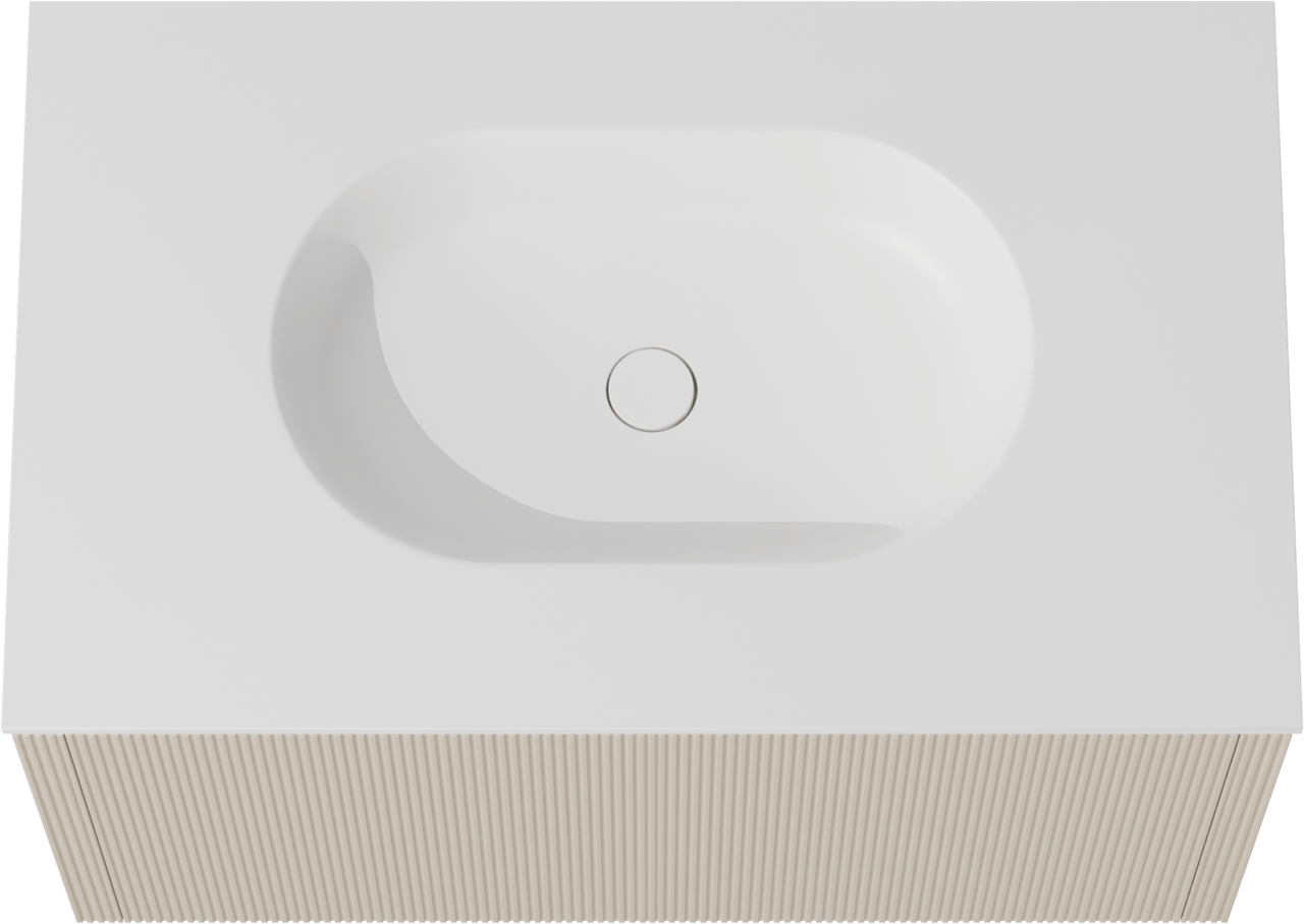 Balmani Eclips hängendes Möbelstück Set: 90 x 55 cm, Sandbeige, mit Tablo Oval Einzelwaschtisch Solid Surface Weiβ matt, Vertikale symmetrische gerade Rippe