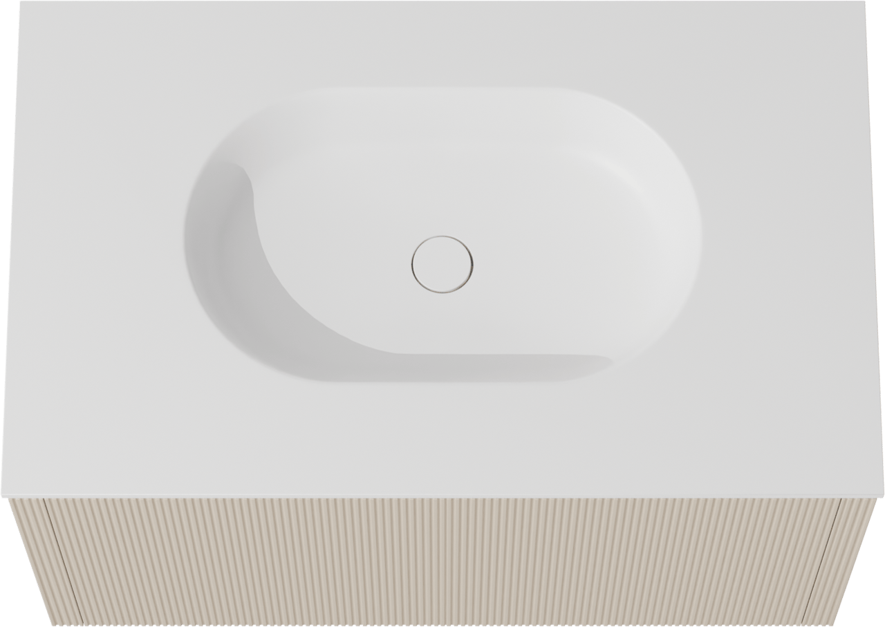 Balmani Eclips zwevend badkamermeubel 90 x 55 cm Sandbeige met Tablo Oval enkele wastafel in Solid Surface mat wit, Verticale symmetrische rechte ribbel