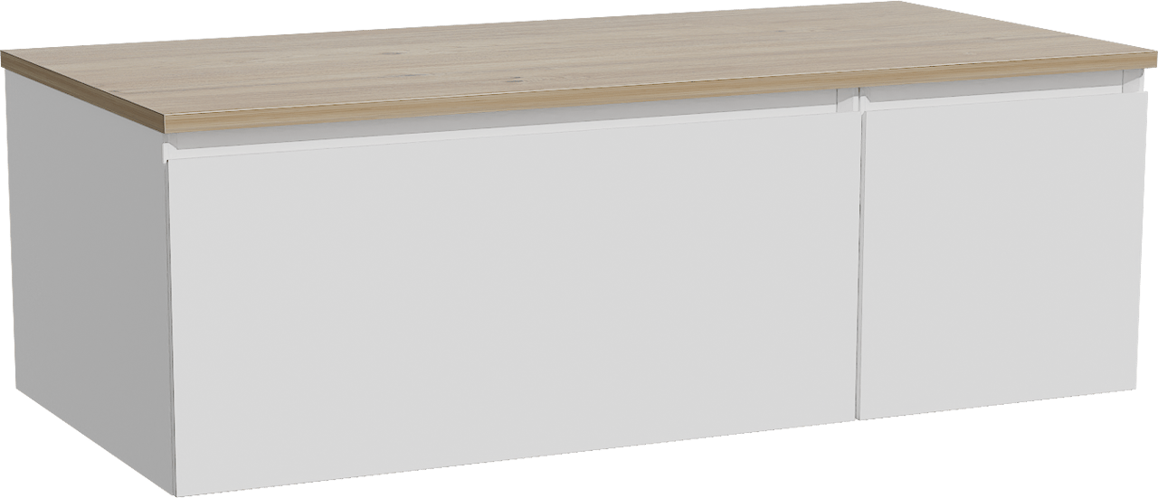 Storke Edge hängendes Möbelstück Set: 110 x 52 cm, Weiß matt, mit Panton Einzel Waschtischplatte, Melamin Rohe Eiche