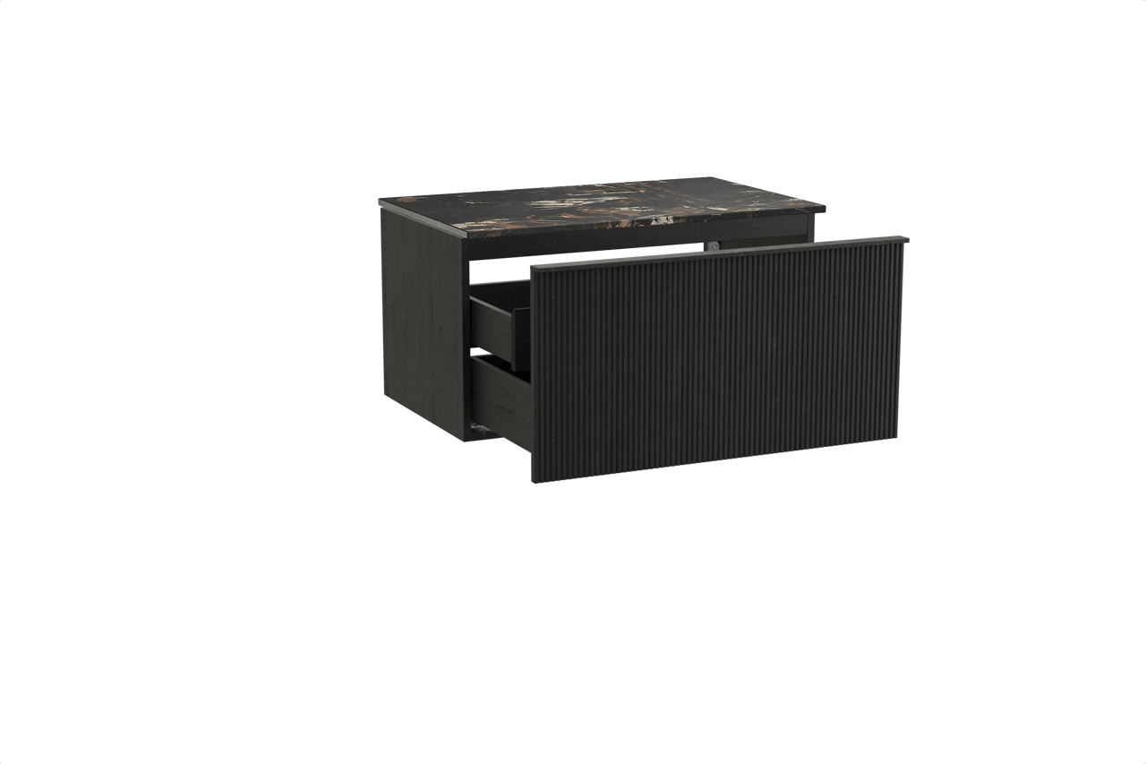 Balmani Forma meuble salle de bains suspendu 90 x 55 cm chêne noir avec Stretto tablette simple en marbre portoro gold, Nervure droite symétrique verticale