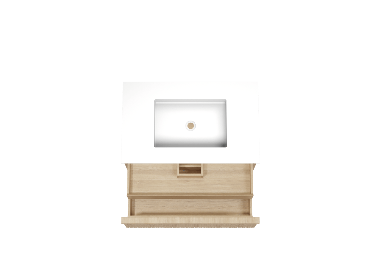 Balmani Forma zwevend badmeubel 90 x 55 cm naturel eiken met Tablo Stretto enkele wastafel in solid surface mat wit, Verticale asymmetrische ronde ribbel