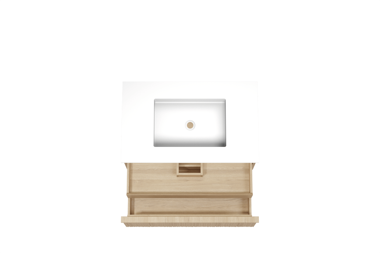 Balmani Forma zwevend badkamermeubel 90 x 55 cm natuur eik met Tablo Stretto enkele wastafel in solid surface mat wit, Verticale asymmetrische ronde ribbel