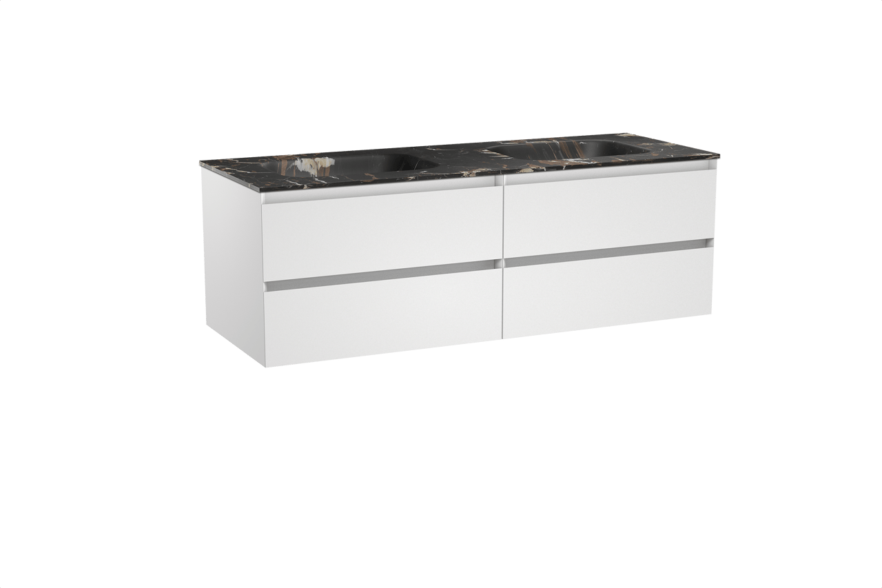 Balmani Mitra hängendes Möbelstück Set: 150 x 55 cm, Weiß matt, mit Tablo Arcato Doppelwaschtisch, Marmor Portoro Gold