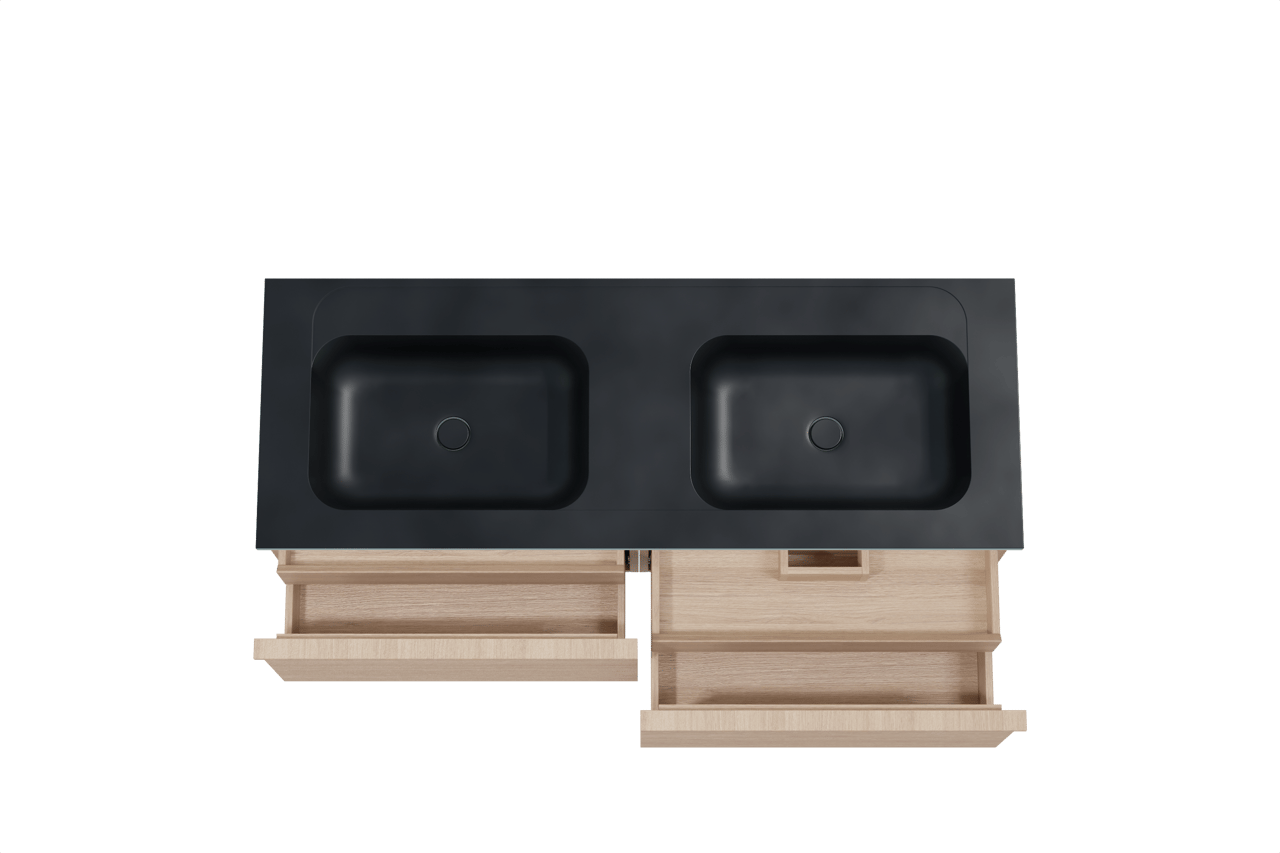 Balmani Forma zwevend badkamermeubel 150 x 55 cm natuur eik met Tablo Strada dubbele wastafel in composietmarmer mat zwart, Horizontale symmetrische rechte ribbel
