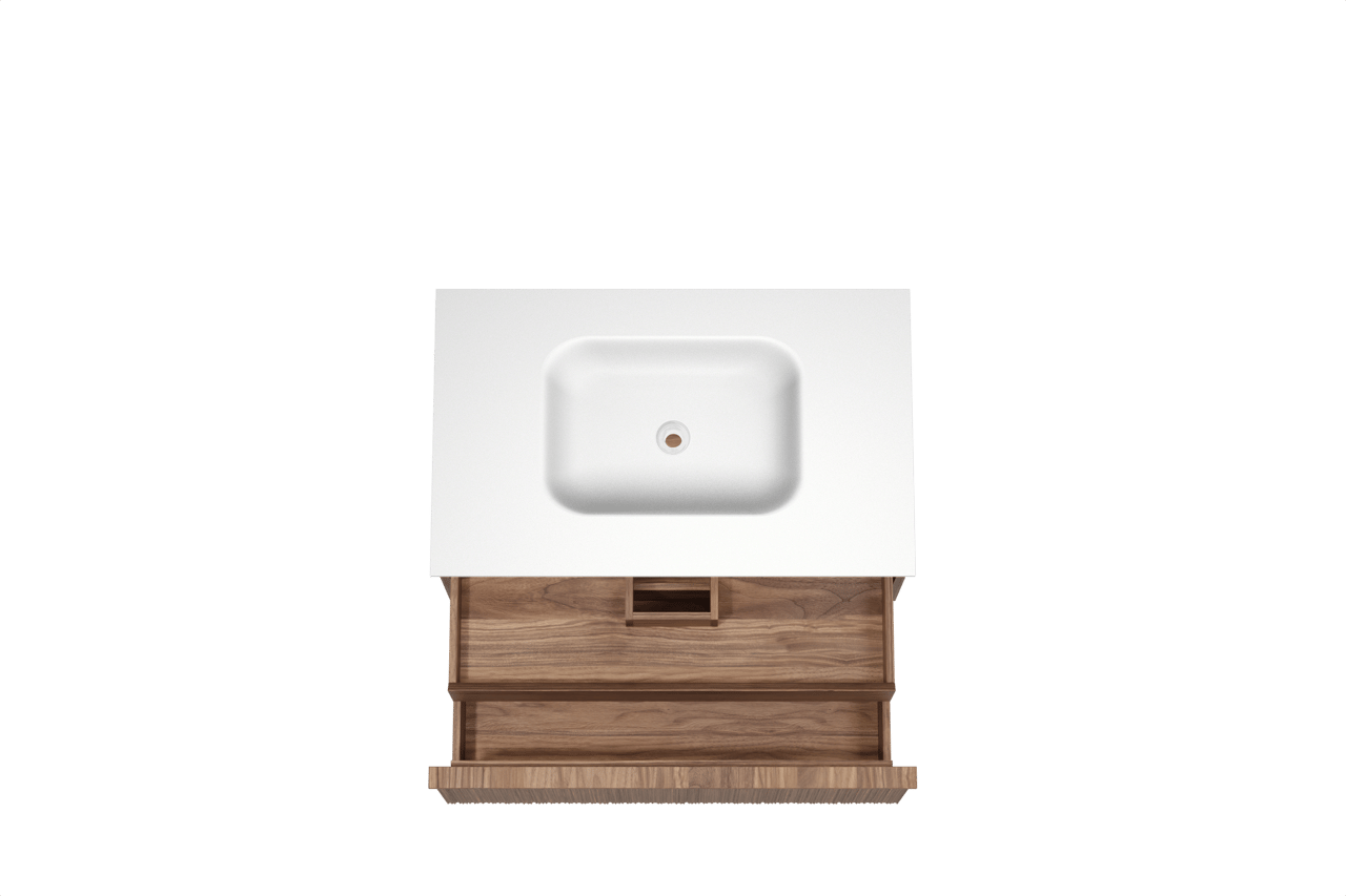 Balmani Forma zwevend badmeubel 90 x 55 cm amerikaans notenhout met Tablo Arcato enkele wastafel in solid surface mat wit, Verticale asymmetrische ronde ribbel