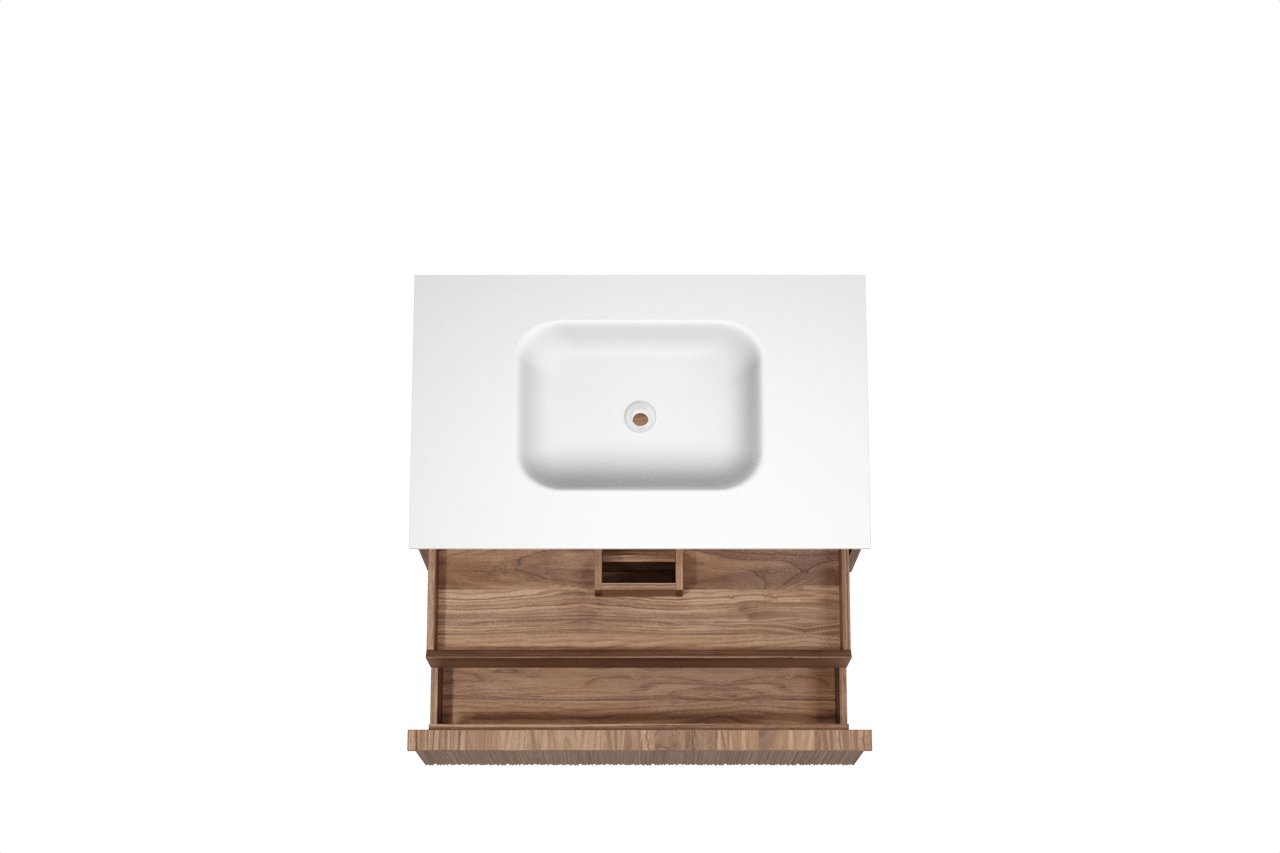 Balmani Forma hängendes Möbelstück Set: 90 x 55 cm, Amerikanischer Nussbaum, mit Tablo Arcato Einzelwaschtisch, Solid Surface, Weiß matt, Vertikale asymmetrische Runde Rippe