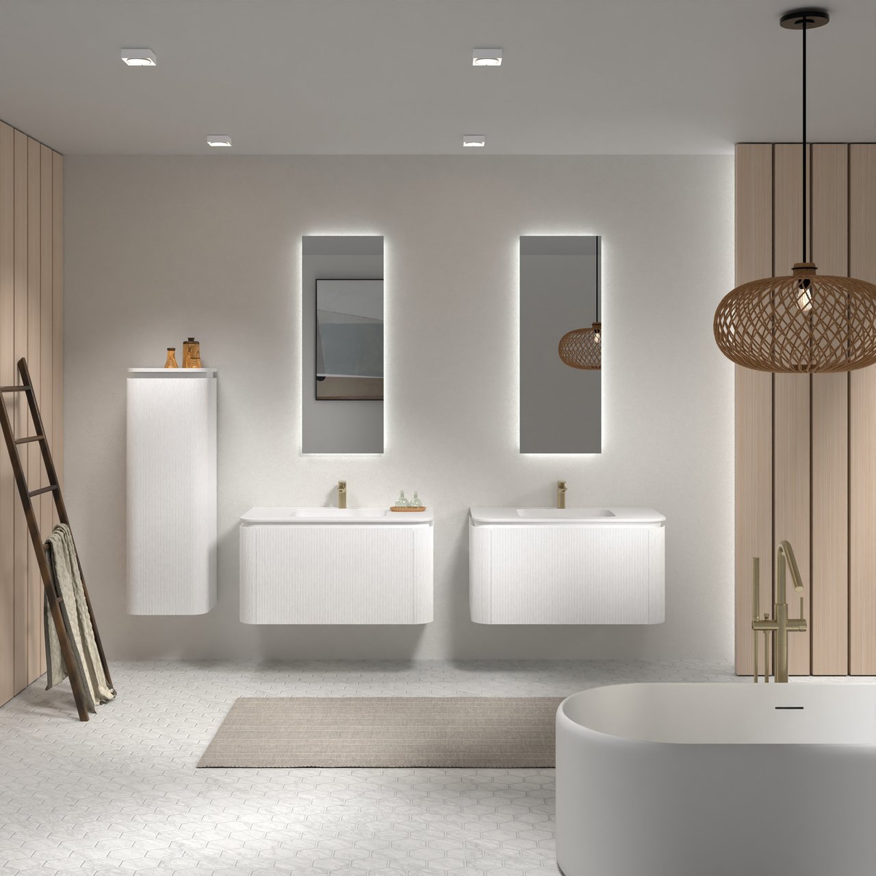 Balmani Moon zwevend badkamermeubel 100 x 55 cm mat wit met Moon enkele wastafel in solid surface mat wit, Verticale symmetrische rechte ribbel