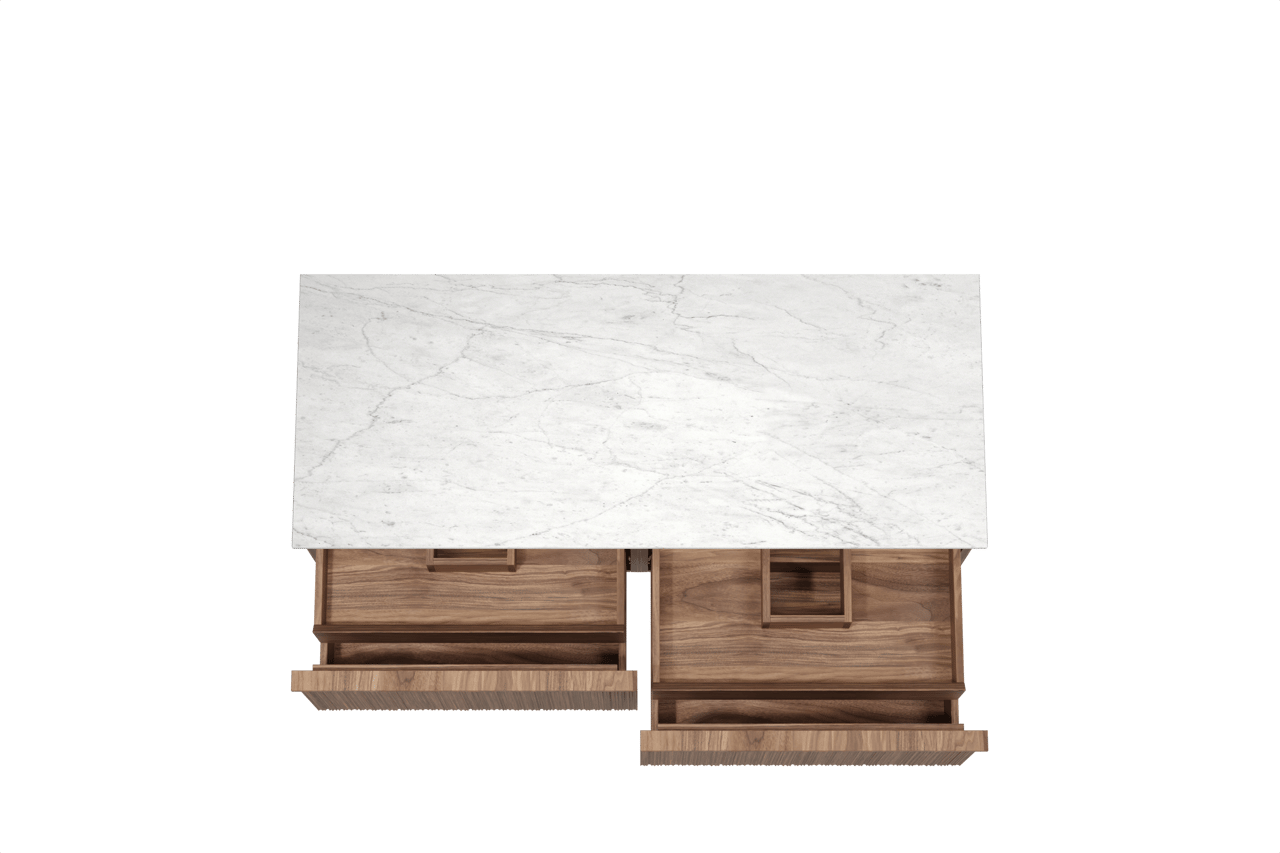 Balmani Forma meuble salle de bains suspendu 135 x 55 cm noyer américain avec Stretto tablette simple ou double en marbre carrare, Nervure circulaire asymétrique verticale