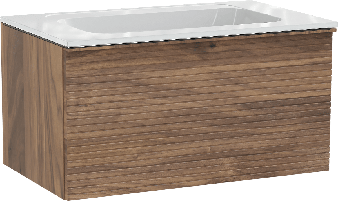 Balmani Forma hängendes Möbelstück Set: 90 x 55 cm, Amerikanischer Nussbaum, mit Tablo Strada Einzelwaschtisch, Marmorkomposit, Weiß glänzend, Horizontale symmetrische gerade Rippe