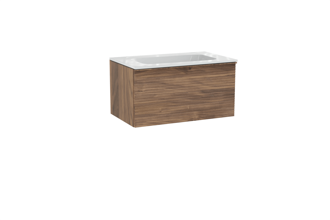 Balmani Forma hängendes Möbelstück Set: 90 x 55 cm, Amerikanischer Nussbaum, mit Tablo Strada Einzelwaschtisch, Marmorkomposit, Weiß glänzend, Horizontale symmetrische gerade Rippe