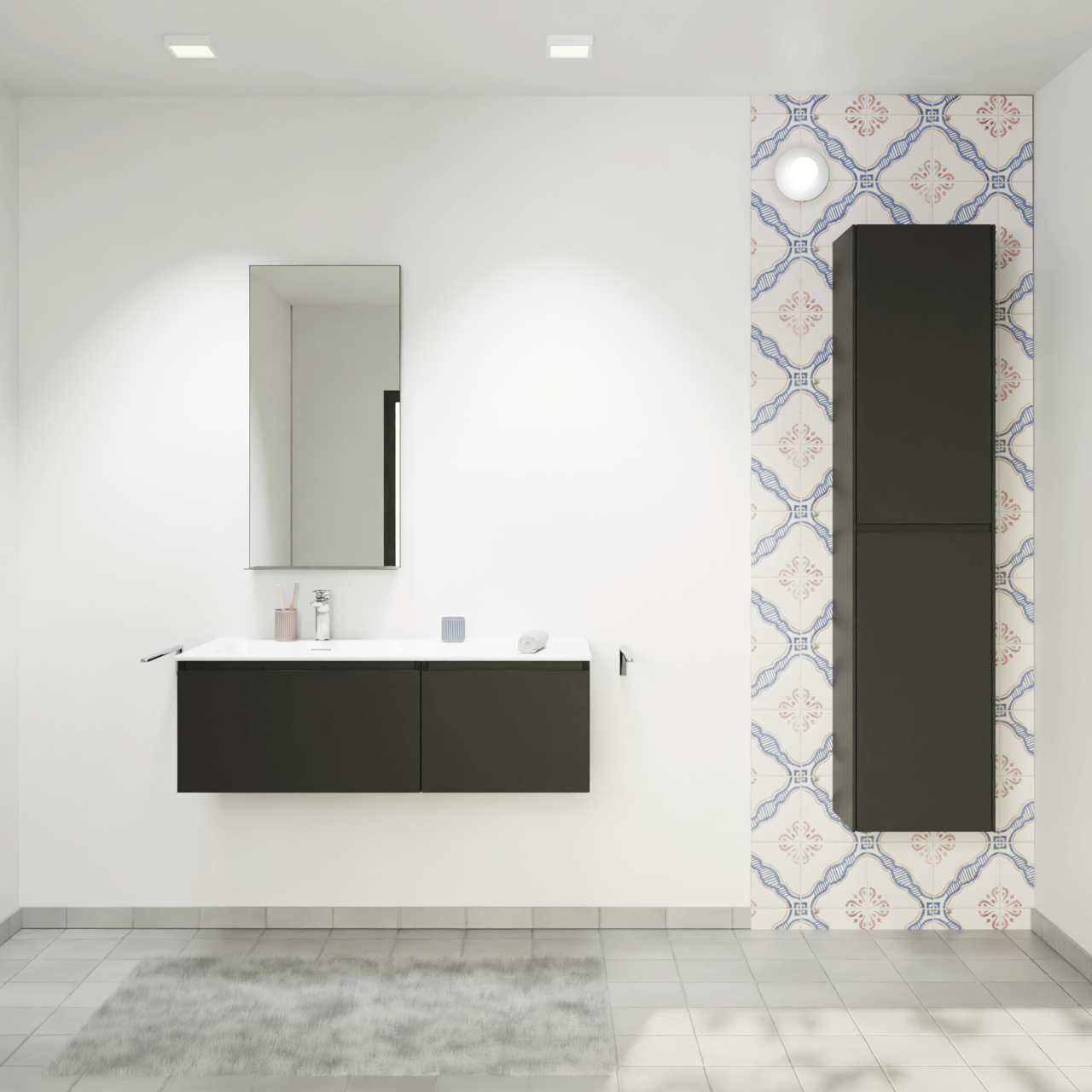 Storke Edge hängendes Möbelstück Set: 110 x 52 cm, Schwarz matt, mit Mata Waschtisch links, Solid Surface Weiß matt