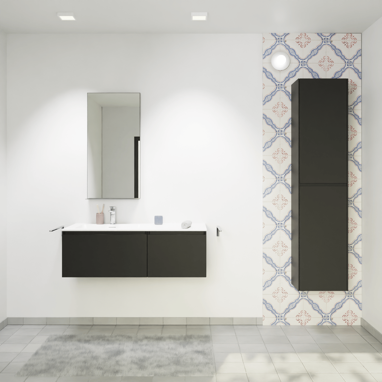 Storke Edge meuble salle de bains suspendu 110 x 52 cm noir mat avec Mata plan vasque asymétrique à gauche en solid surface blanc mat