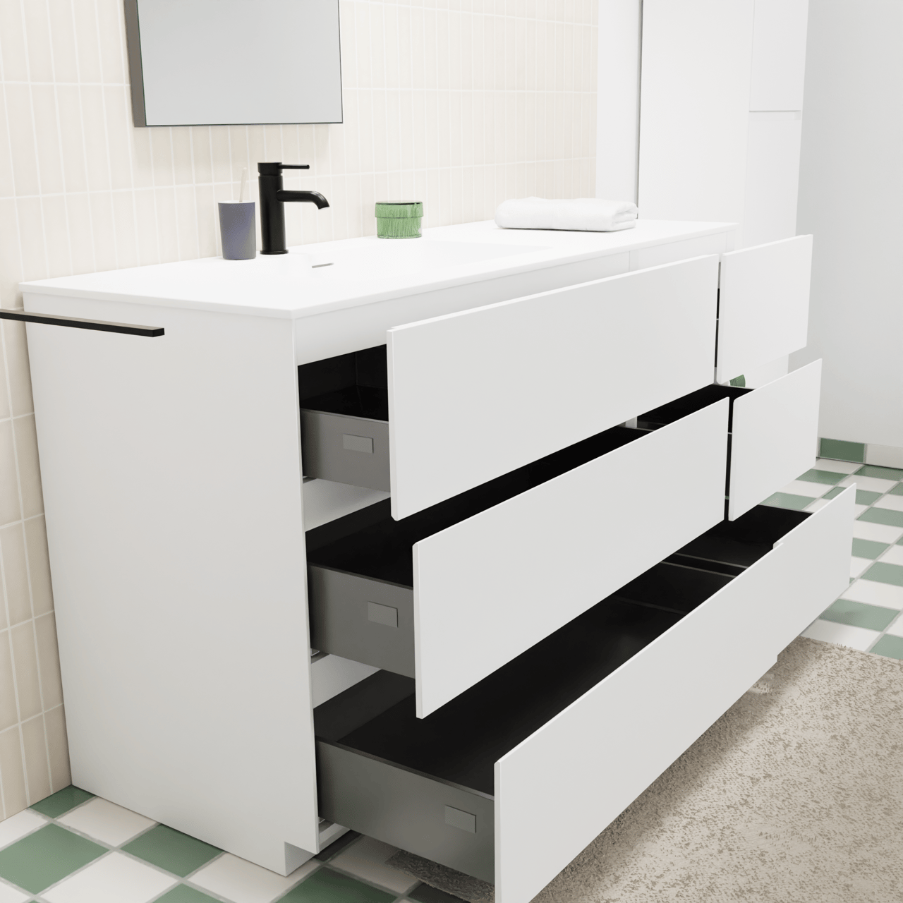 Storke Edge freistehendes Möbelstück Set: 140 x 52 cm, Weiß matt, mit Mata Waschtisch links, Solid Surface Weiß matt