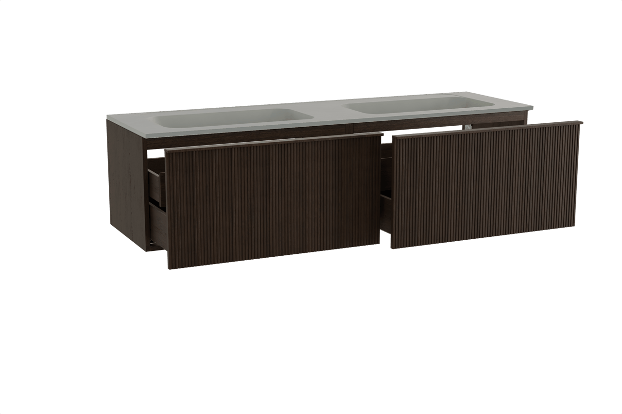 Balmani Forma meuble salle de bains suspendu 180 x 55 cm chêne fumé avec Tablo Strada double vasque en marbre composite soie grise, Nervure droite symétrique verticale