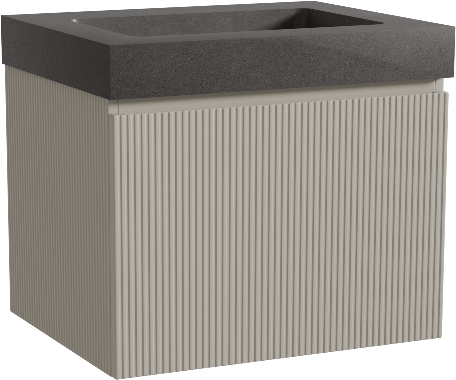 Storke Ribs zwevend badmeubel 65 x 52 cm zijdegrijs met Scuro High enkele wastafel in kwarts mat zwart, Verticale symmetrische rechte ribbel