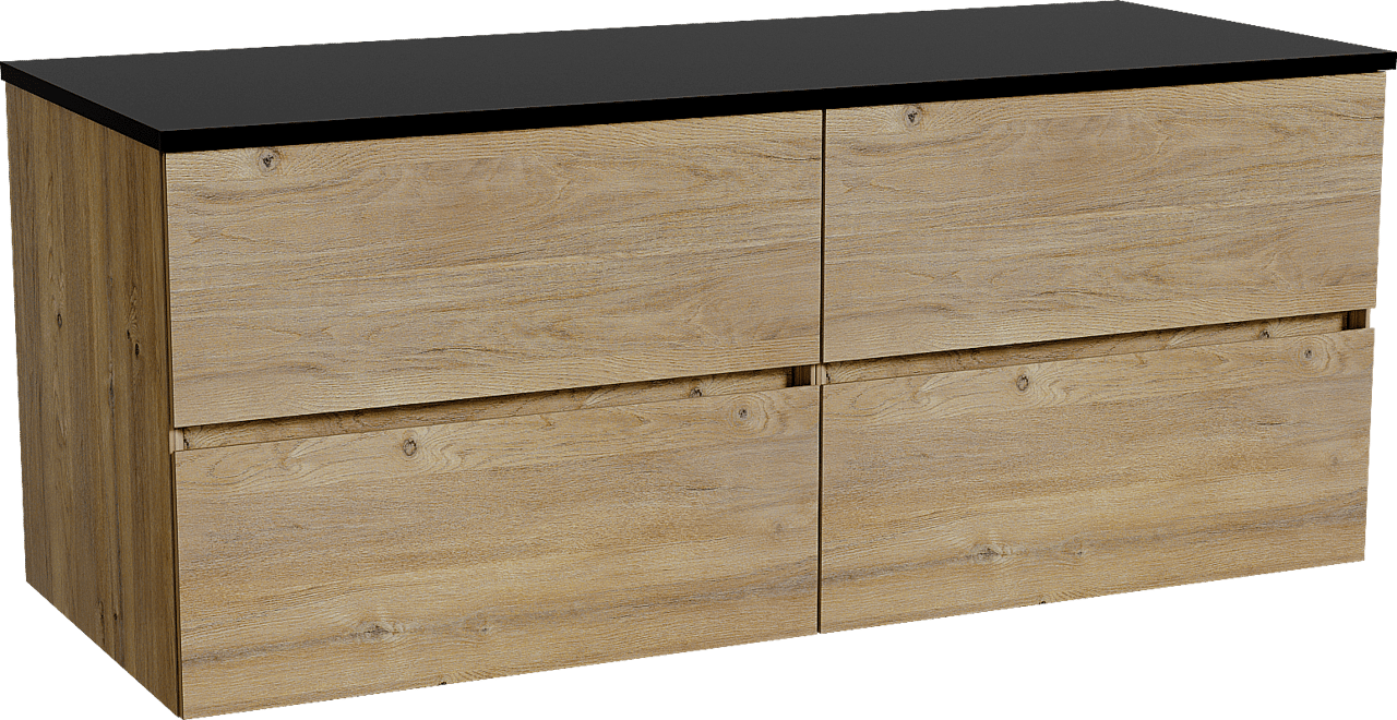 Storke Edge zwevend badkamermeubel 130 x 52 cm ruwe eik met Panton enkel of dubbel tablet in gepoedercoate mdf mat zwart