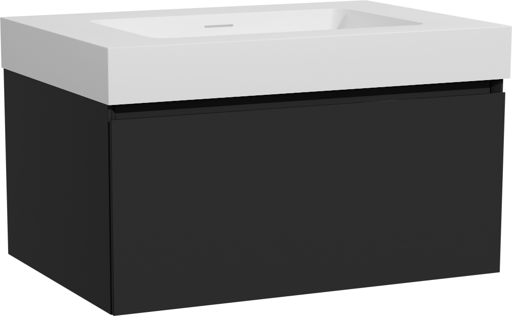 Storke Edge hängendes Möbelstück Set: 75 x 52 cm, Schwarz matt, mit Mata High Einzelwaschtisch, Solid Surface Weiß matt