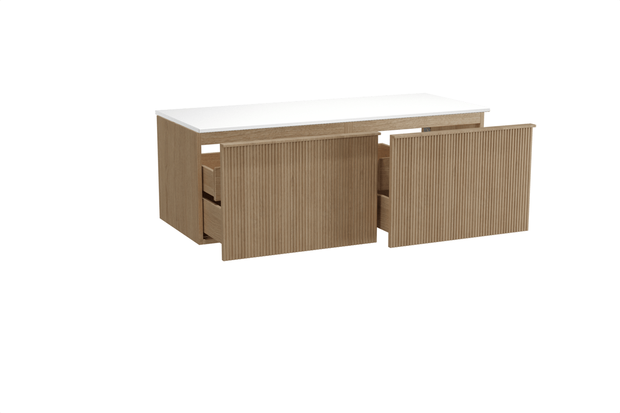 Balmani Forma hängendes Möbelstück Set: 135 x 55 cm, Naturbelassene Eiche, mit Stretto Einzel- oder Doppel Waschtischplatte, Solid Surface, Weiß matt, Vertikale symmetrische gerade Rippe