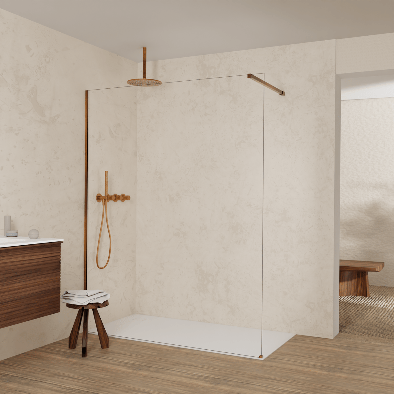Balmani Modular douche à l'italienne: 160 x 200 cm, Verre extra transparent, avec coating, Profil Brushed Rosegold