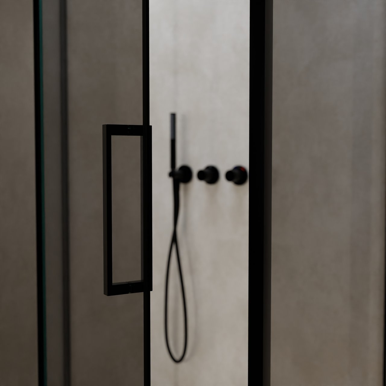 Balmani Senses Design douche en coin avec porte pivotante à gauche et paroi latérale fixe, 100 x 100 cm, Miroir Reflex, Profil noir, coating inclus, coating inclus