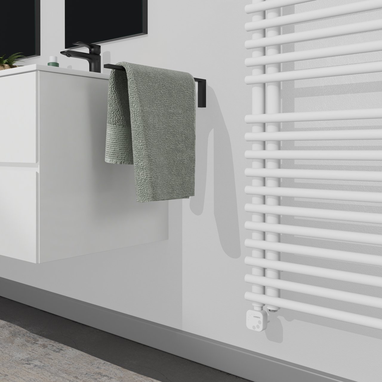 Vipera Nevada Einzel Handtuchheizkörper 50 x 180 cm Elektrische Heizung Weiß matt Mittelanschluss 734W, inkl. Widerstand 