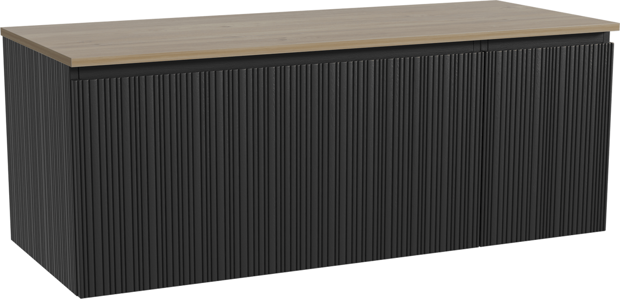 Storke Ribs hängendes Möbelstück Set: 130 x 52 cm, Schwarze Eiche, mit Panton Einzel- oder Doppel Waschtischplatte, Melamin, Rohe Eiche, Vertikale asymmetrische gerade Rippe