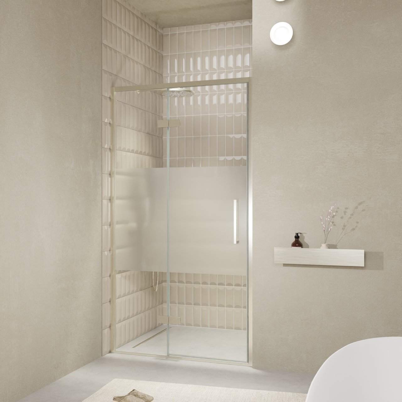 Balmani Senses Design douche draaideur links 120 cm x 210 cm Helder glas met matte strook, Brushed CoolMetal profielen