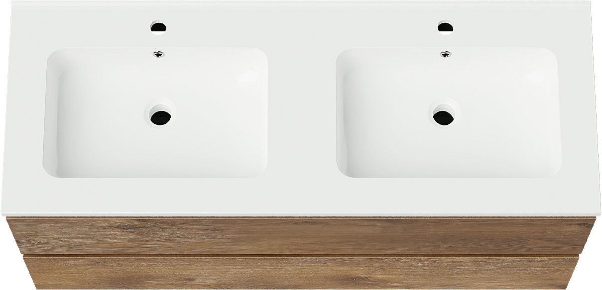 Linie Lado meuble salle de bains suspendu 120 x 46 cm chêne brun avec Vano double vasque en marbre composite blanc brillant