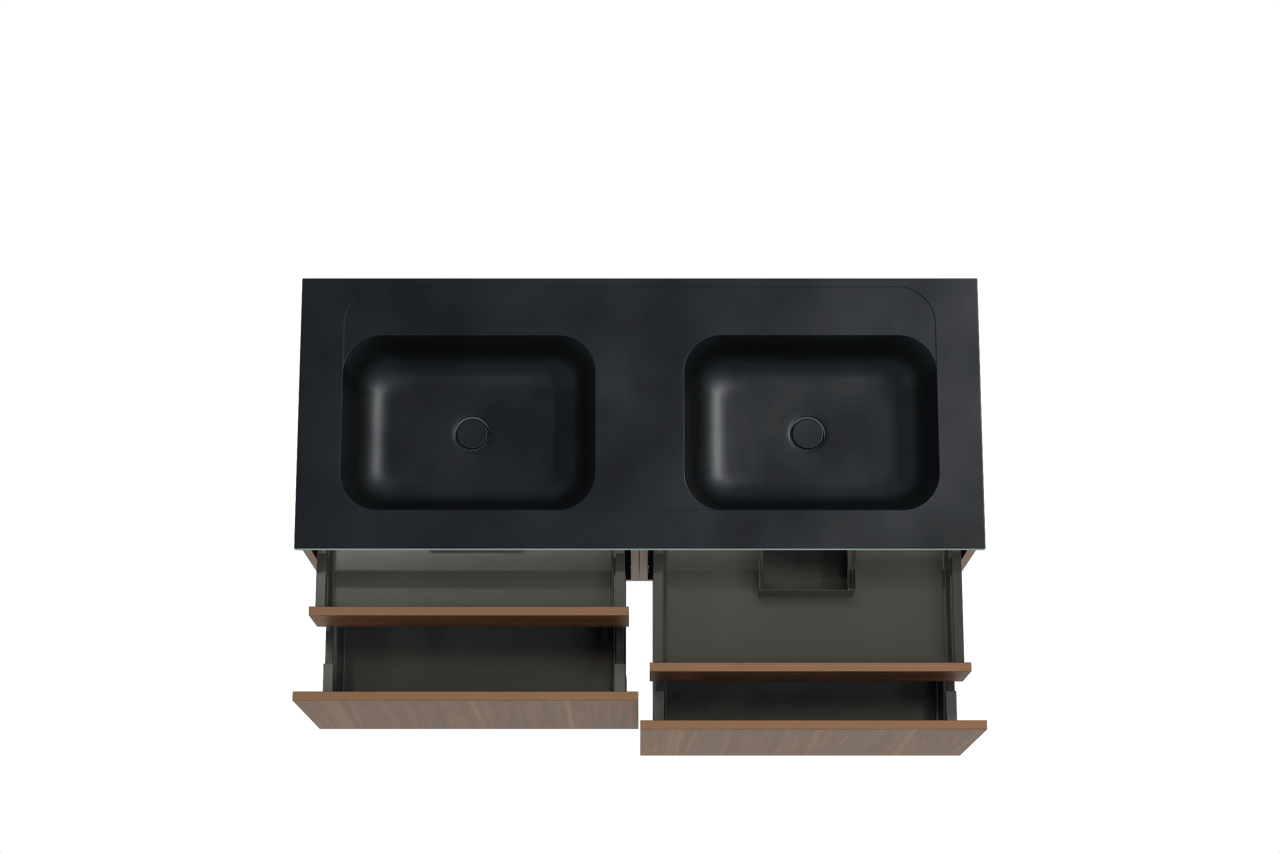 Balmani Sfera meuble salle de bains suspendu 135 x 55 cm noyer américain avec Tablo Strada double vasque en marbre composite noir mat