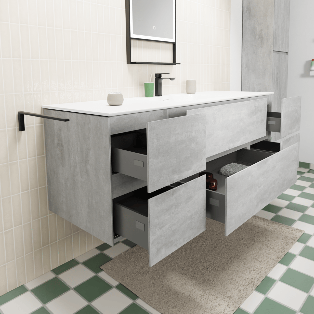 Storke Edge hängendes Möbelstück Set: 155 x 52 cm, Beton dunkelgrau, mit Mata Einzelwaschtisch, Solid Surface Weiß matt